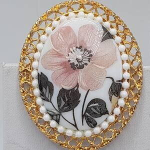 Vintage Hand Painted Porcelain Brooch, Pink Flower, 2 1/8", 1960s